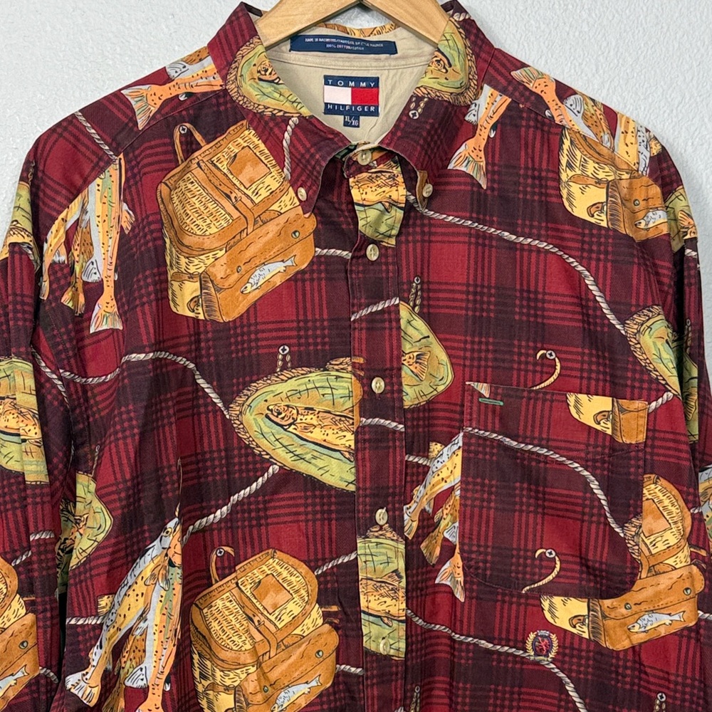 Vintage Tommy‎ Hilfiger Men's Plaid Fishing Motif Button Down Shirt